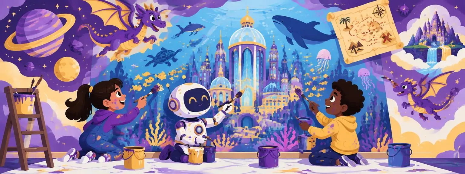 Kids and a robot painting an underwater city mural together