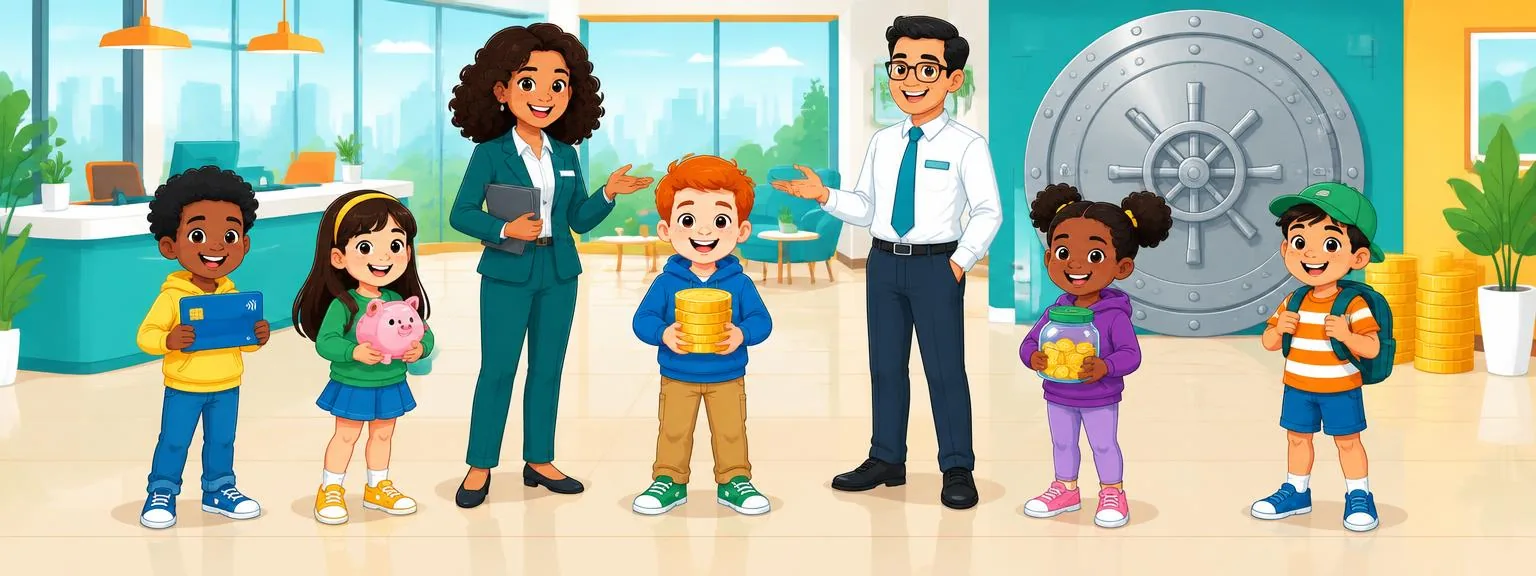 Children learning about saving and banking with friendly bank staff