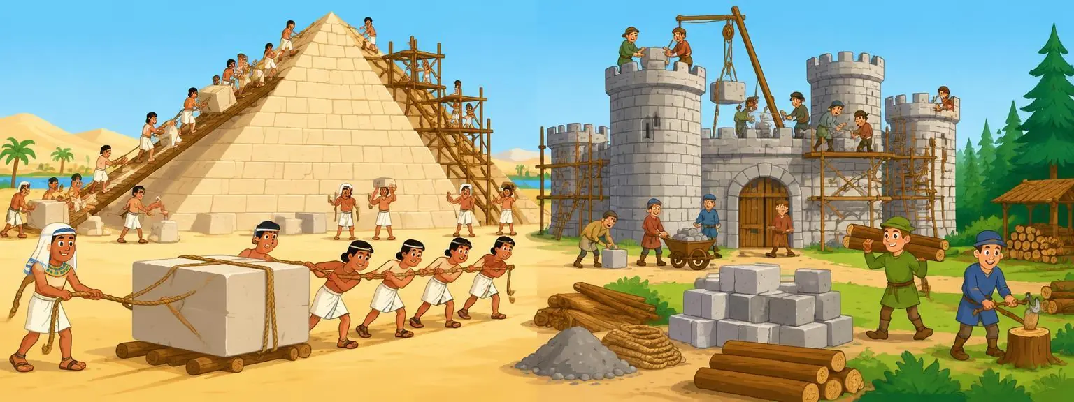 Ancient builders raising pyramids and castles