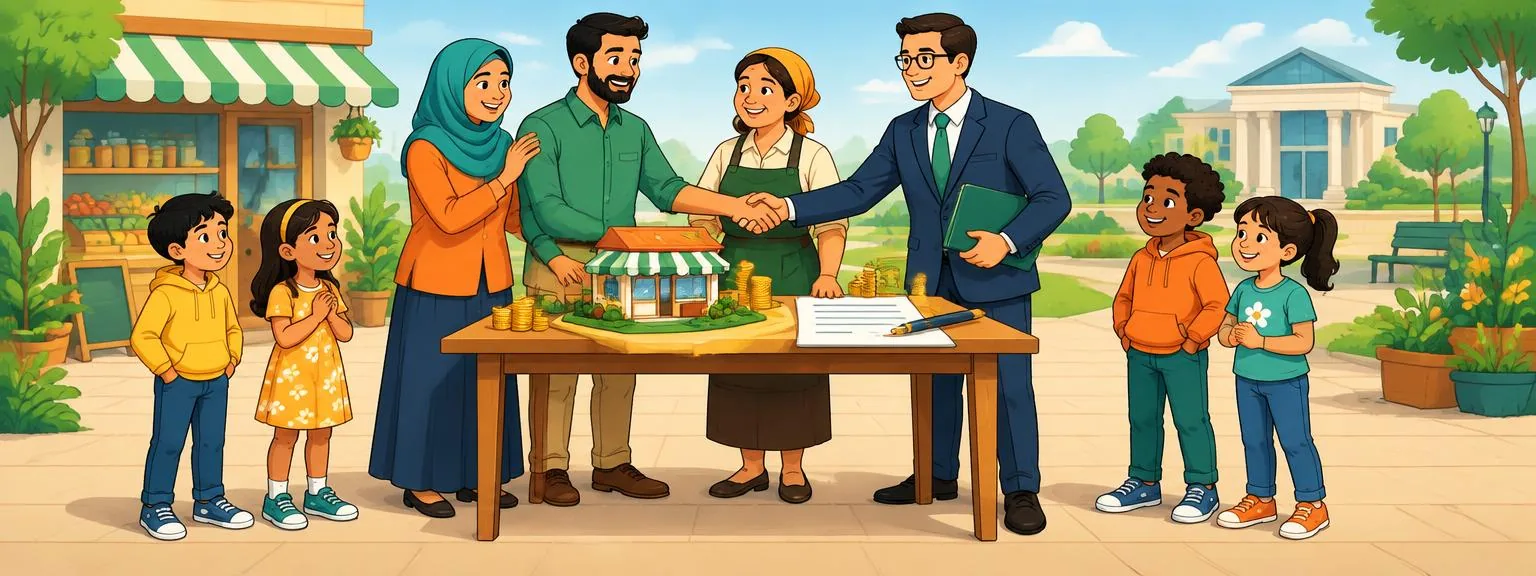 A family, shop owner, and bank representative sharing the results of a small business