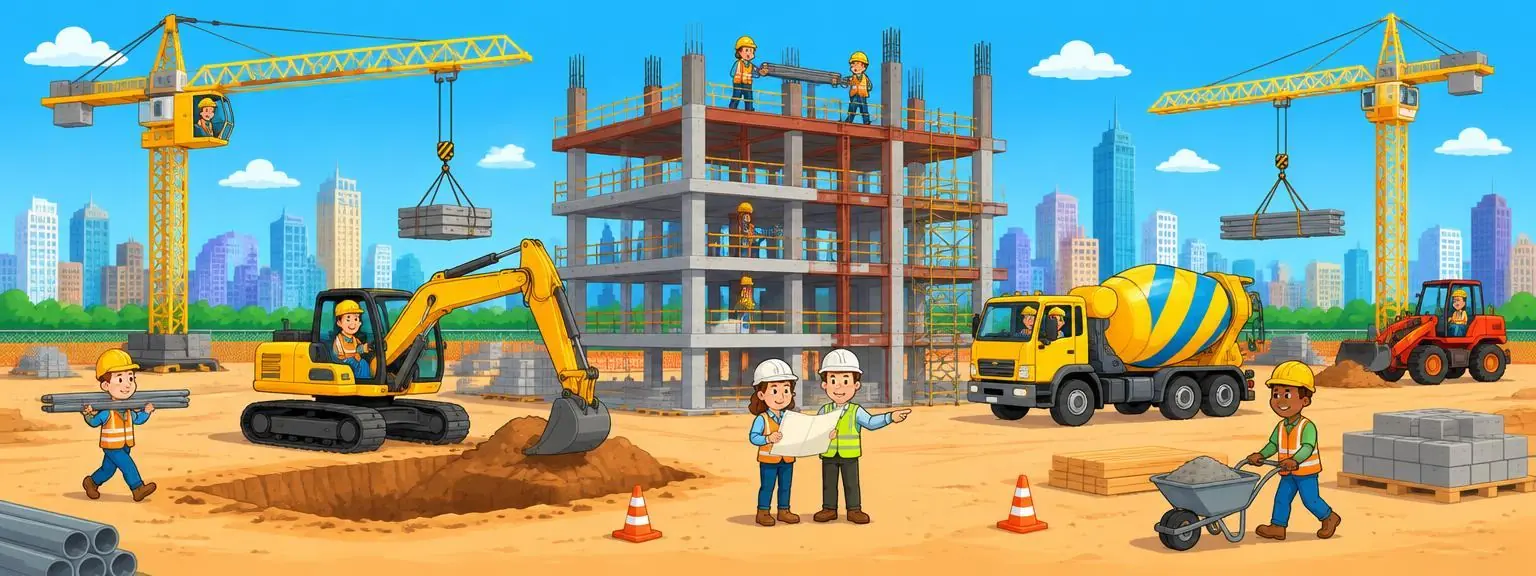 Cartoon construction site with cranes, diggers and builders
