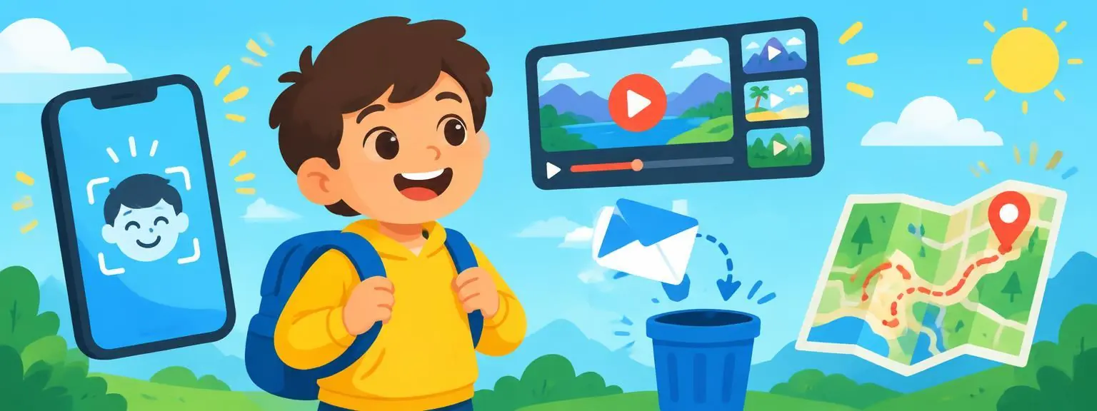 A kid surrounded by a phone, video screen, spam filter and map