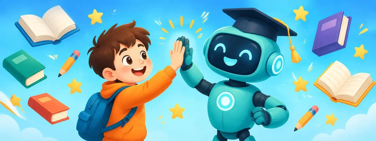 A kid high-fiving a friendly robot wearing a graduation cap