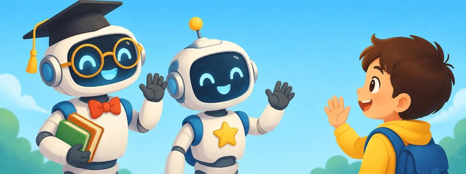 Two cute robots, one a professor and one a science tutor, waving at a smiling kid
