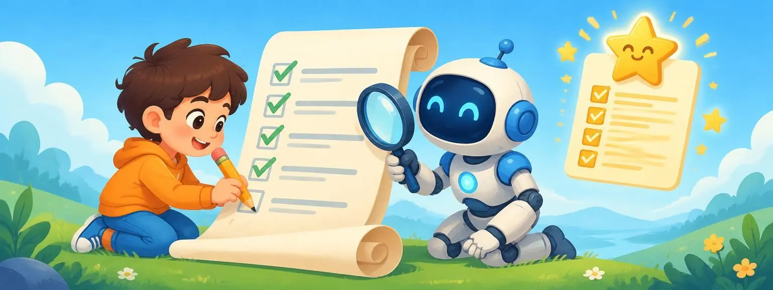 A kid writing on a giant checklist scroll while a robot holds a magnifying glass
