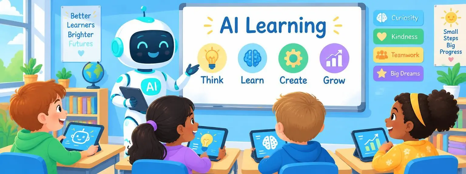 Kids in a classroom learning about AI with a friendly robot teacher
