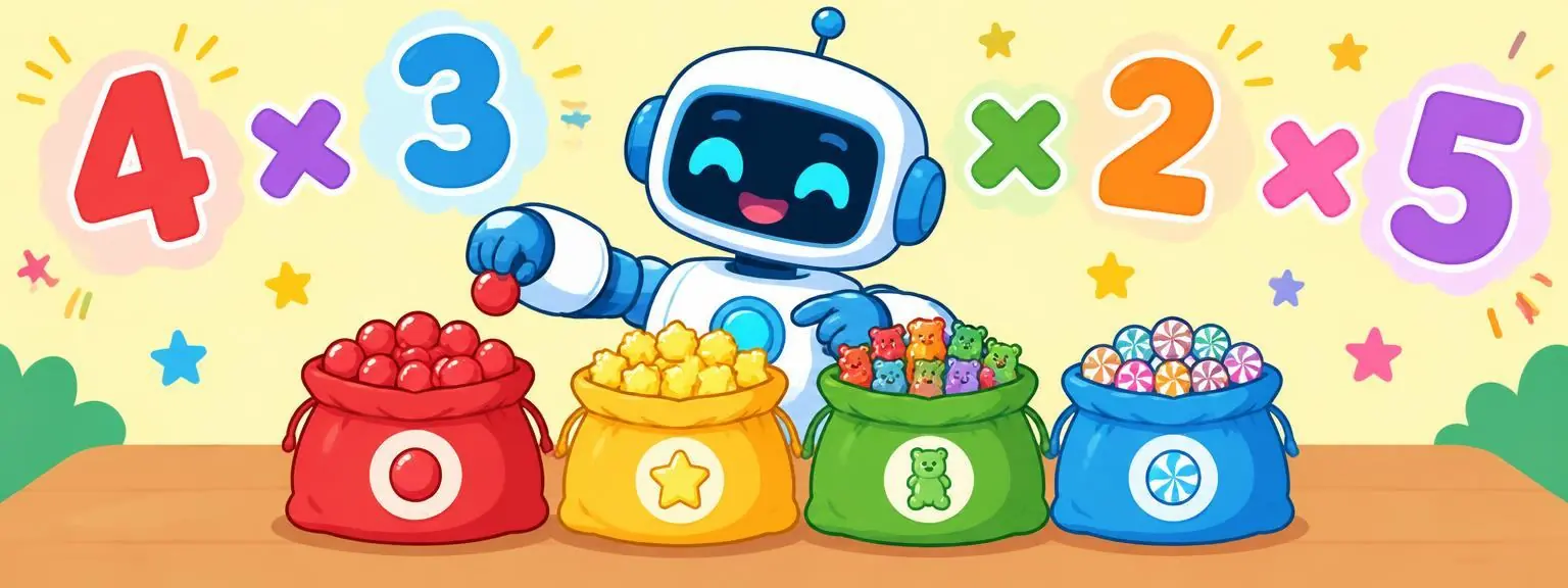 Two kids counting four bags of six sweets each