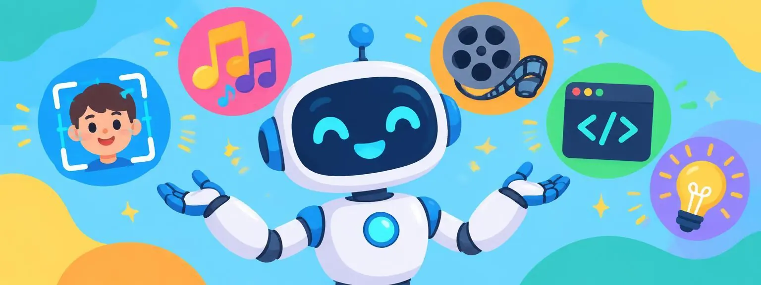 A robot holding a sign surrounded by music, code and smiley icons