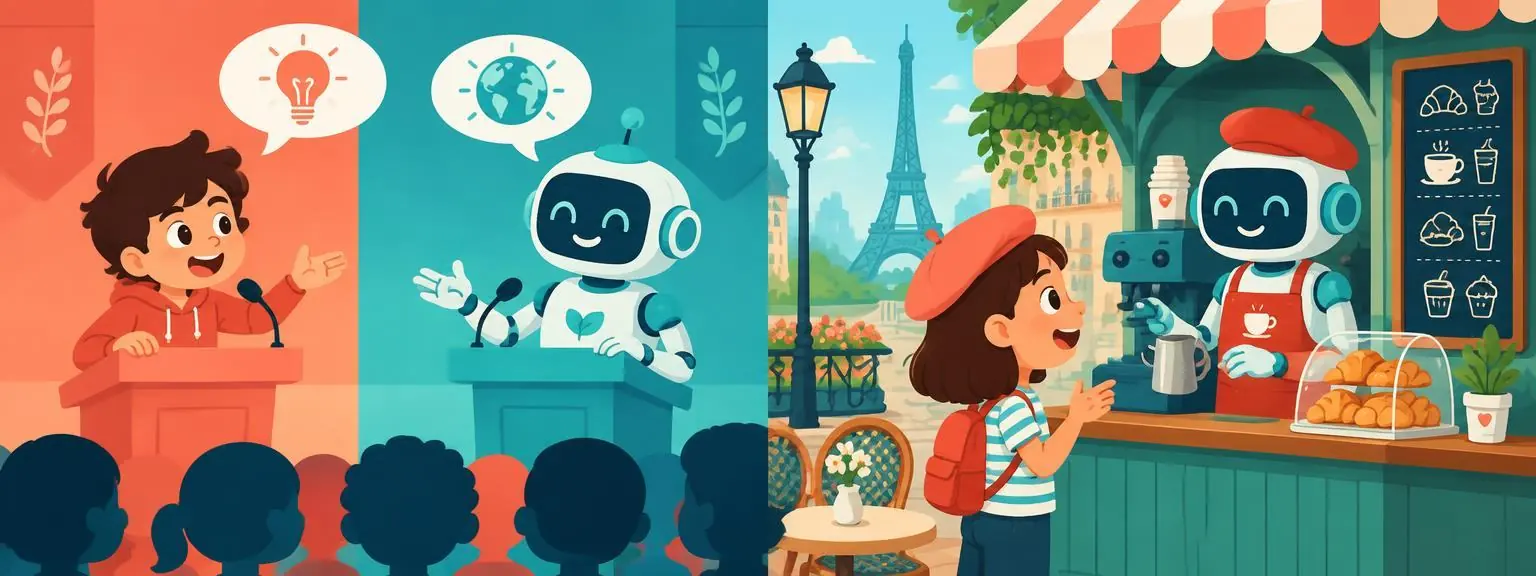 A kid debating a robot, and another practising French at a Paris café