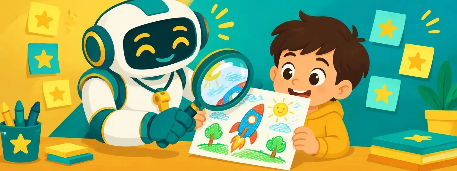 A coach robot reviewing a kid's drawing with a magnifying glass