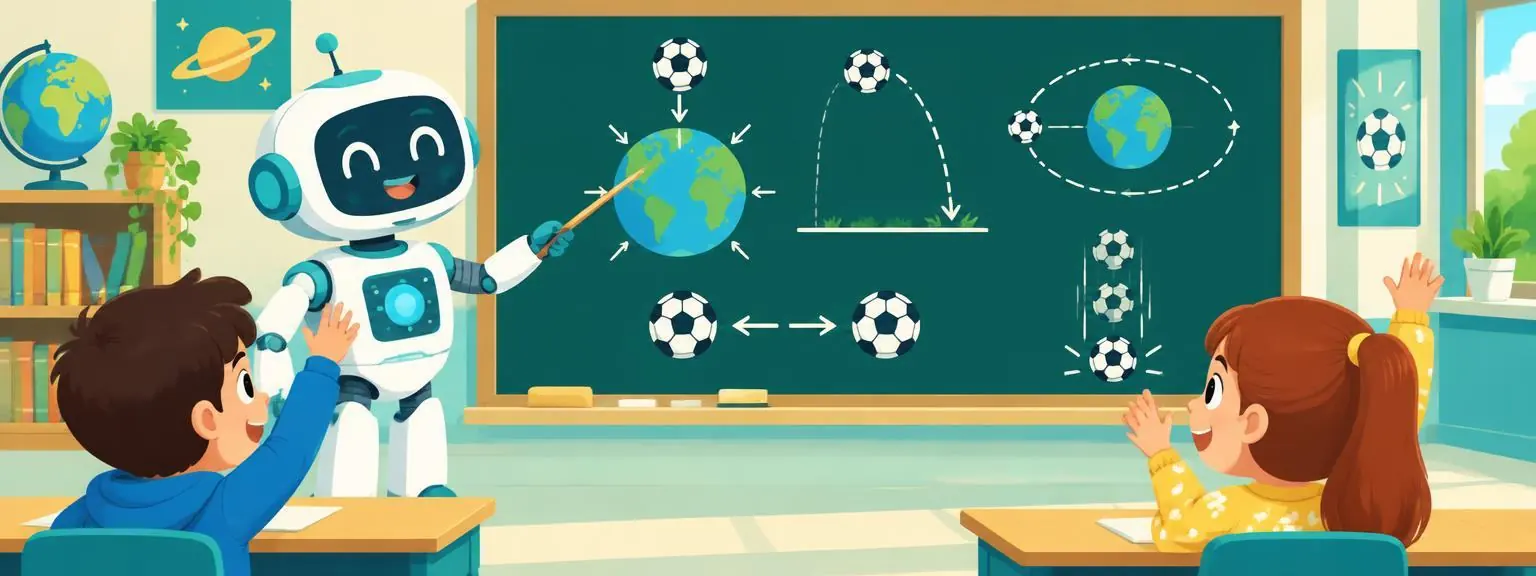 A robot teacher explaining gravity with footballs on a chalkboard
