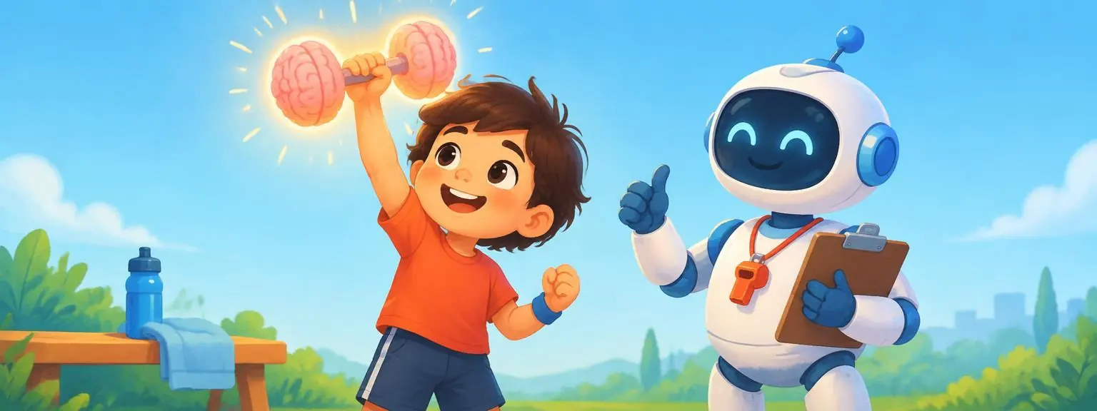 A kid lifting a glowing brain-shaped dumbbell while a robot coach cheers