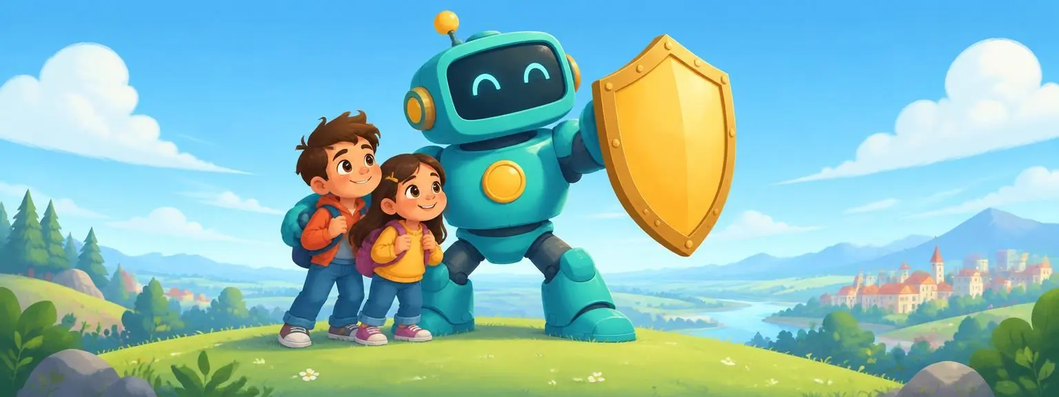 A friendly robot holding a golden shield to protect two kids