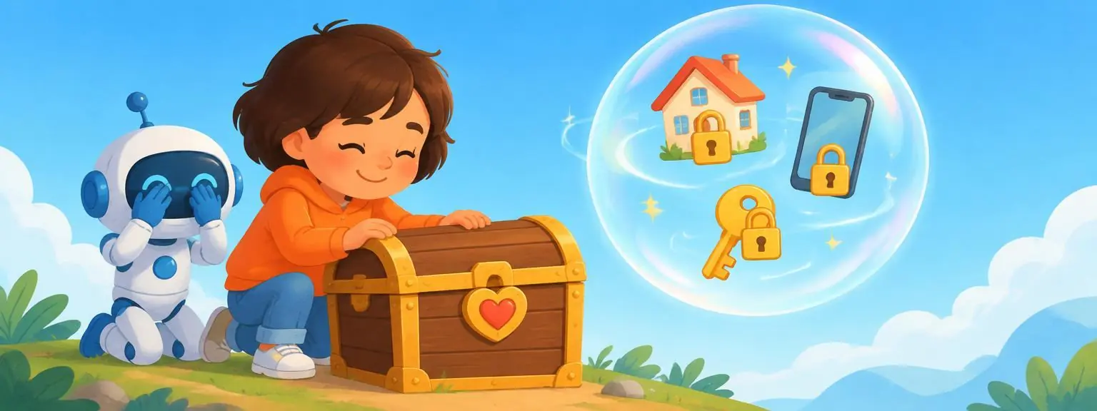 A child locking a treasure chest while private things stay safe inside a bubble
