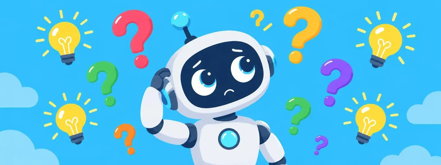 A puzzled cartoon robot surrounded by question marks and lightbulbs