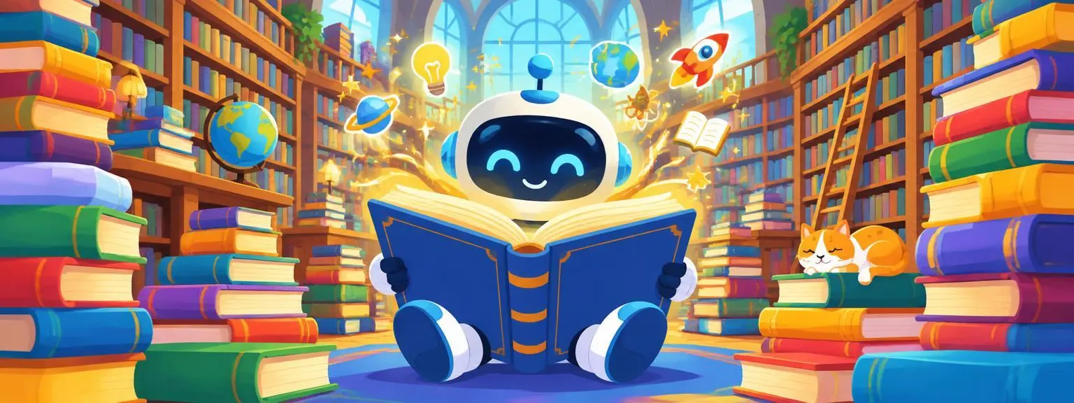 A robot reading a huge pile of books