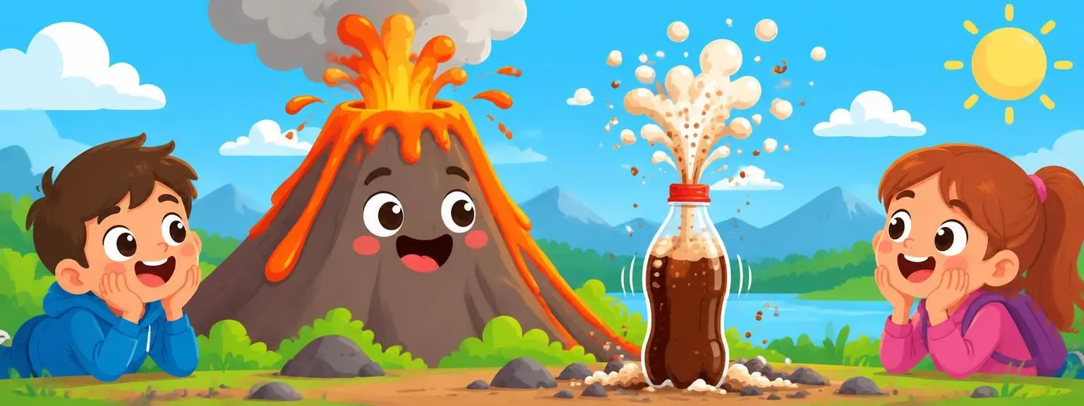 Kids watching a cartoon volcano erupt next to a fizzing bottle