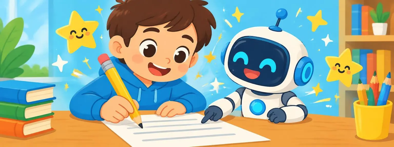 A kid writing a story while a friendly robot helps