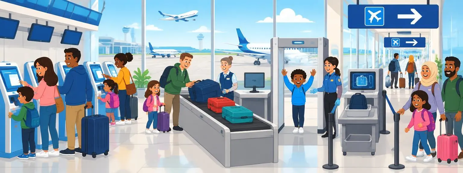 Families checking in, dropping bags and walking through security in a bright airport terminal