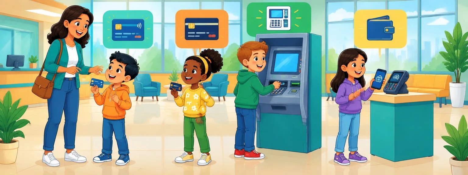 Children learning about bank cards, cash machines, and digital wallets
