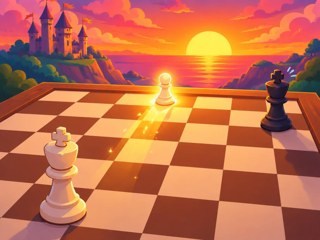 A glowing pawn about to become a queen at sunset