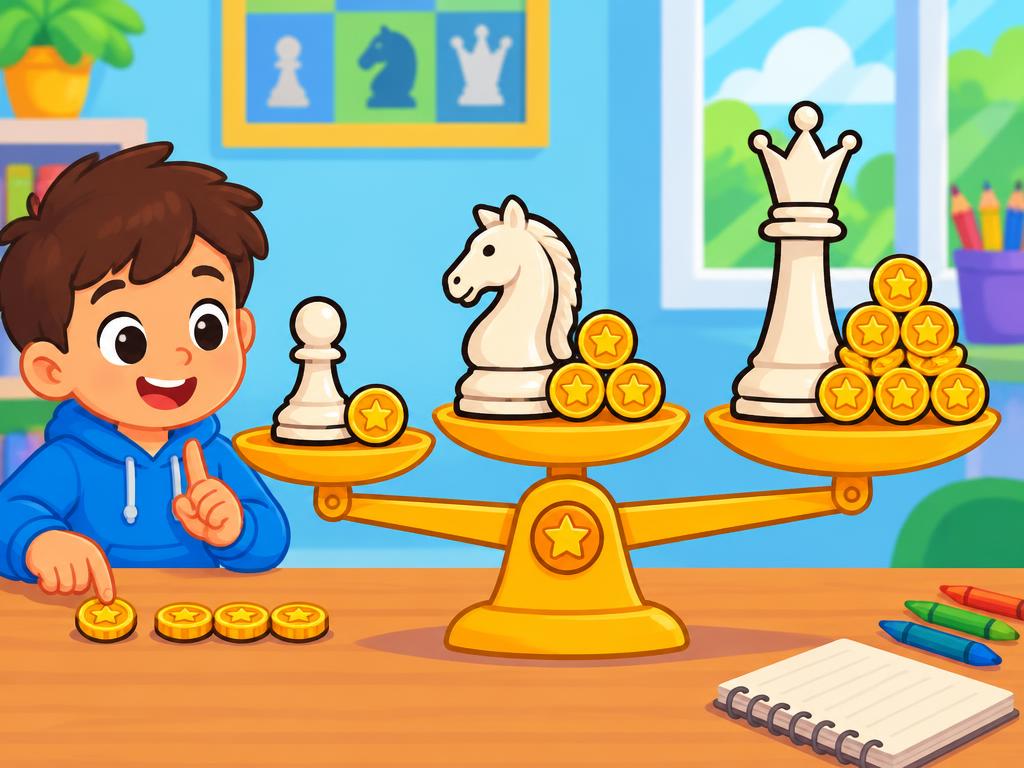 Chess pieces on a balance scale showing their points