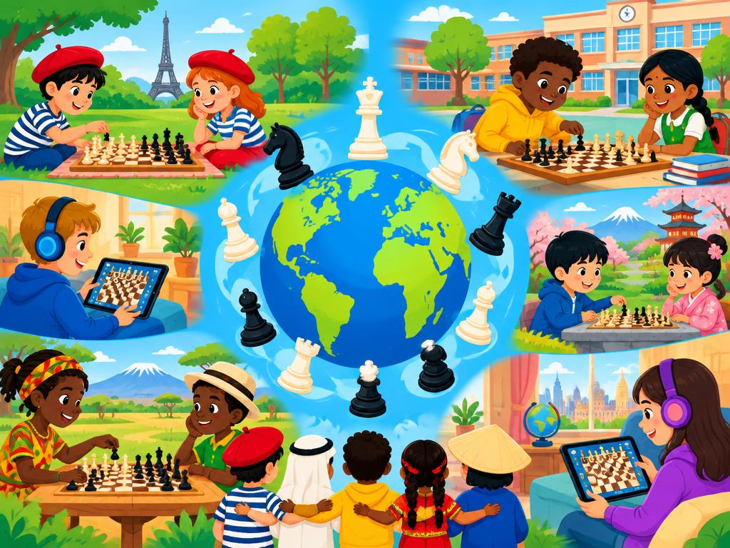 Children around the world playing chess