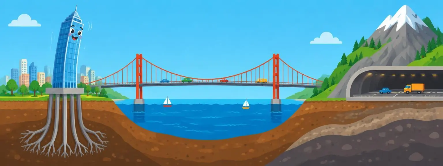 A smiling skyscraper with deep foundations beside a bridge and a tunnel