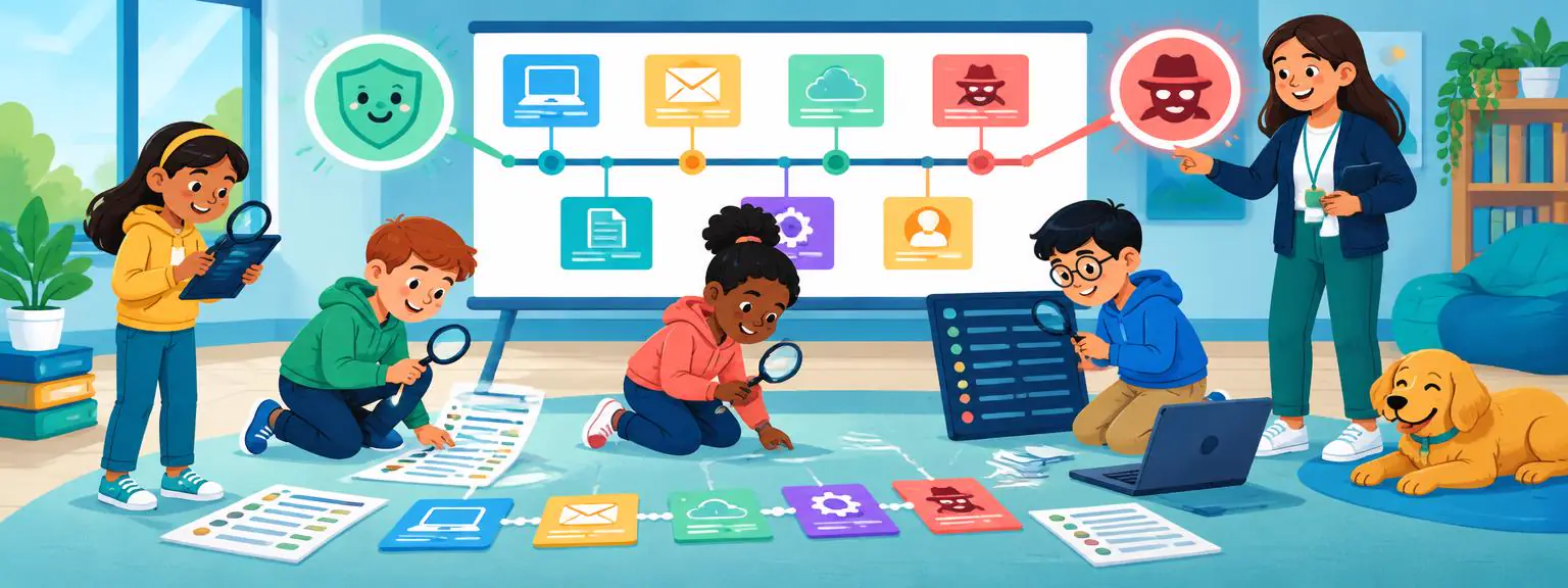 Children and an analyst connecting digital clues into a clear timeline