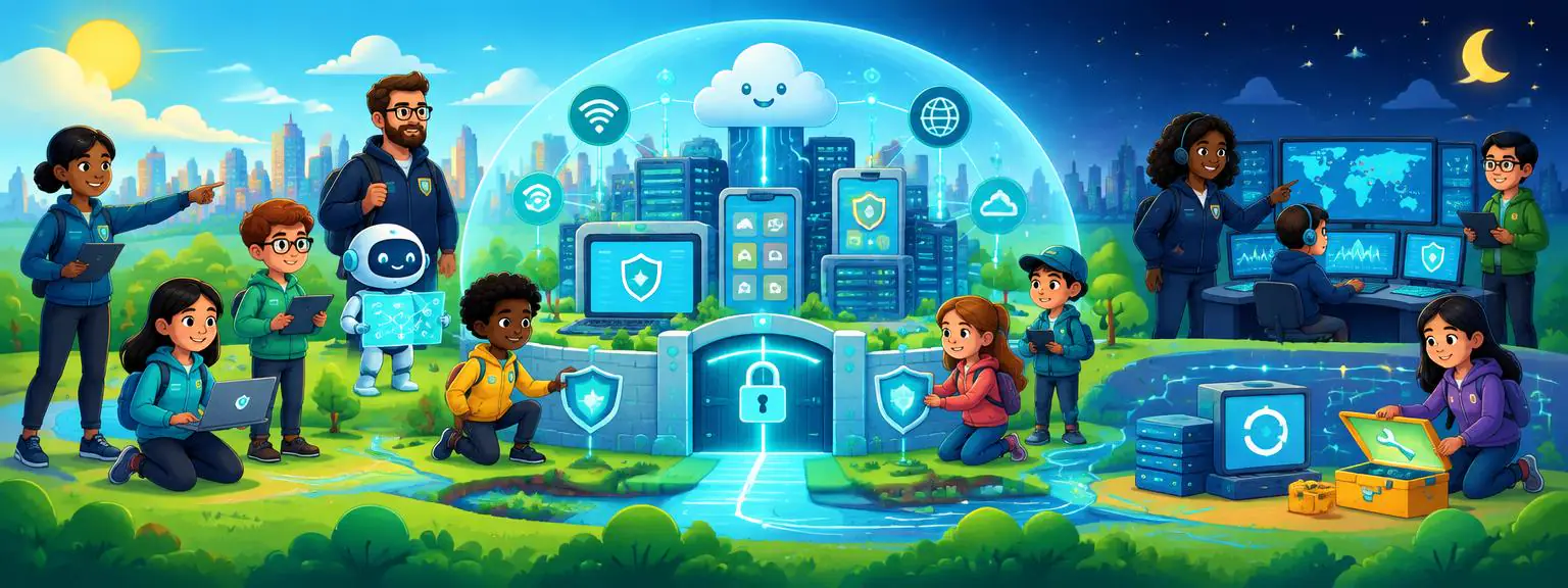 A complete cybersecurity response team protecting a friendly digital city from day to night