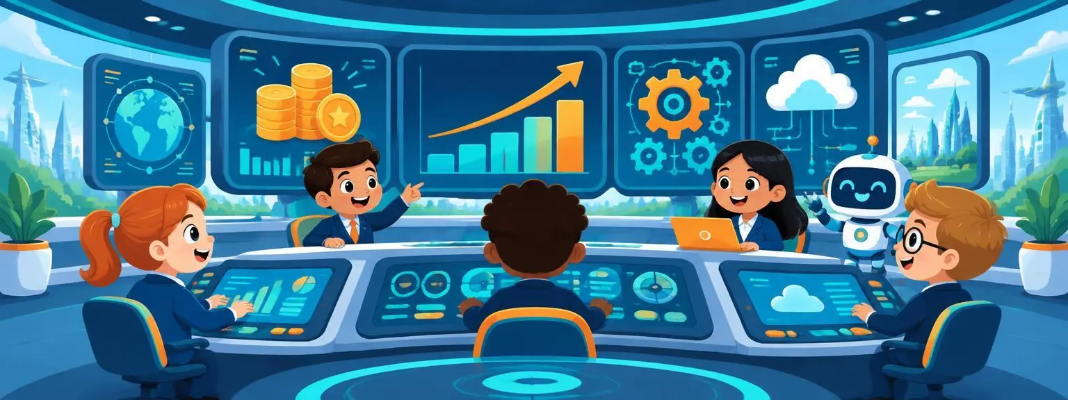 Cartoon kids working in a futuristic company control centre