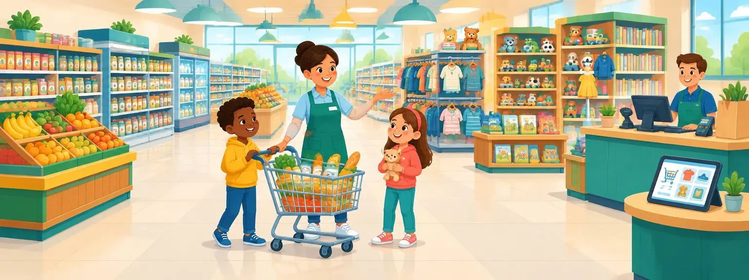 Children and store workers exploring a bright supermarket