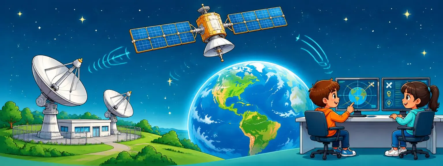 A full satellite communicating with complete ground station antennas and young controllers