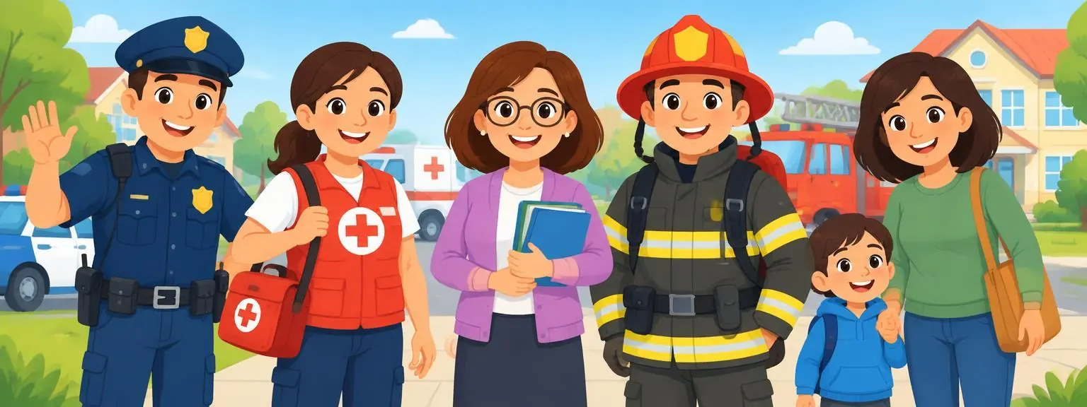 A friendly police officer, medic, teacher, firefighter and parent with a child, all smiling