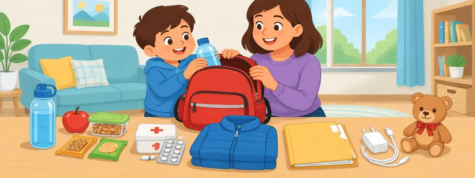 A child and parent packing an emergency backpack with water, snacks, medicine, clothes and a teddy bear