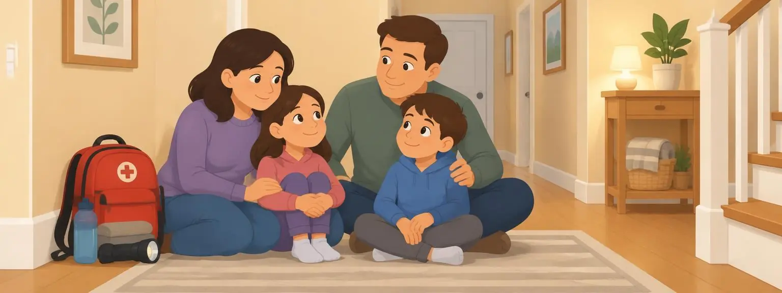 A caring family sitting calmly together in a safe hallway with an emergency backpack