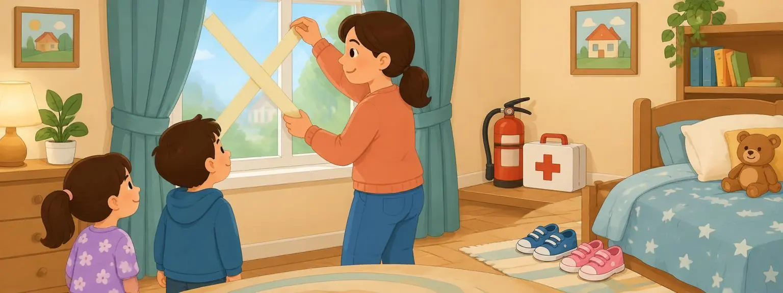 A parent taping a window in an X shape, with shoes by the bed and a first aid box nearby